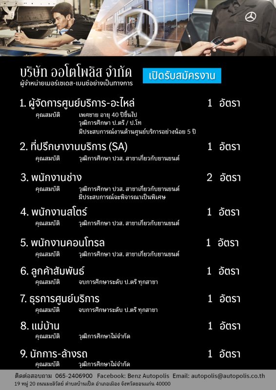 ผู้จัดการฝ่ายขาย / ที่ปรึกษาการขาย / ผู้จัดการศูนย์บริการ-อะไหล่ / พนักงานเคลม Warranty / ช่าง / พนักงานคอนโทรล / พนักงานการเงิน / พนักงานบัญชี / นักการล้างรถ/พนักงานบุคคล /พนักงานอะไหล่ /พนักงานสโตร์/นักการล้างรถ/พนักงานแม่บ้าน
